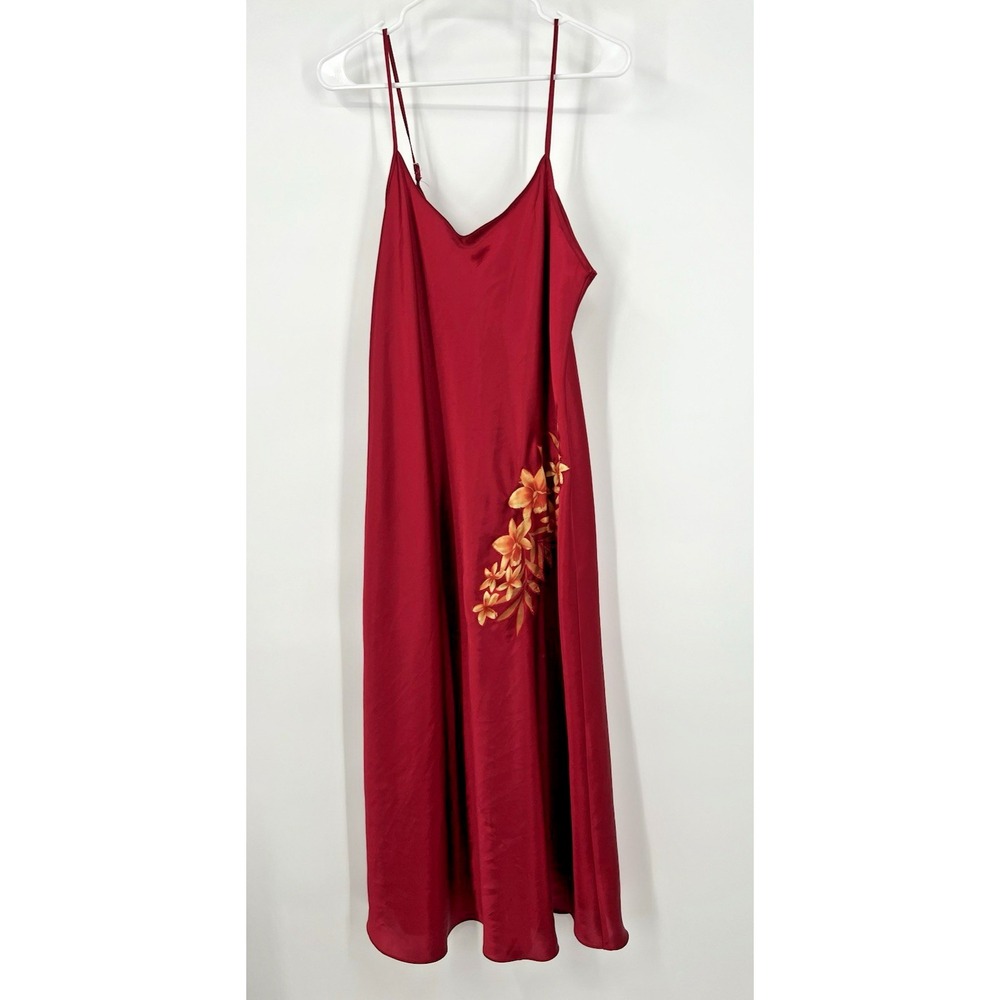Oscar de la Renta Pink Label Long Nightgown Satin Floral Applique Red Large Slip